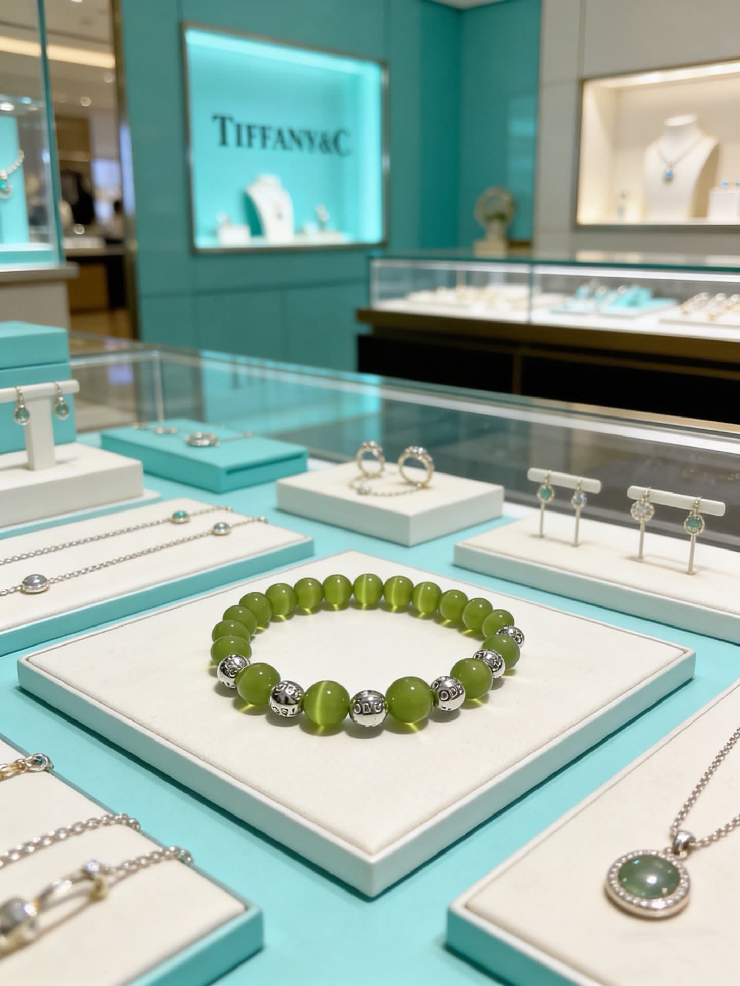 Tiffany & Co Green Beaded Bracelet with Silver Accents